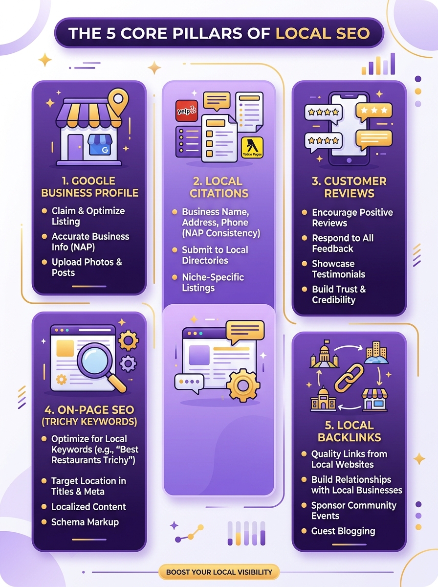Infographic illustrating Local SEO Trichy: How to Rank Your Business on Google